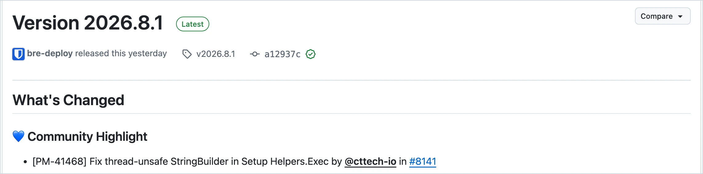 Bitwarden Server v2026.8.1 release notes on GitHub, showing a Community Highlight section containing a single entry: [PM-41468] Fix thread-unsafe StringBuilder in Setup Helpers.Exec by @cttech-io in #8141