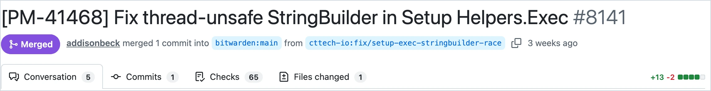 GitHub pull request bitwarden/server #8141, titled [PM-41468] Fix thread-unsafe StringBuilder in Setup Helpers.Exec, showing a purple Merged badge and one commit merged into bitwarden:main